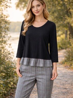 Rebecca Malone Black V-Neck Knit Top with Subtle Trim